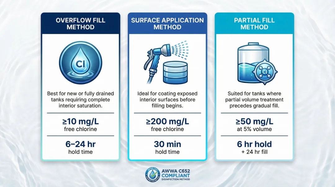 Three AWWA C652 tank disinfection methods comparison with chlorine levels and hold times