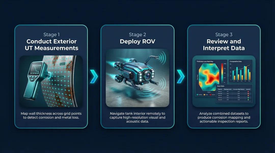 3-step NDT and ROV-assisted cold water tank inspection process overview