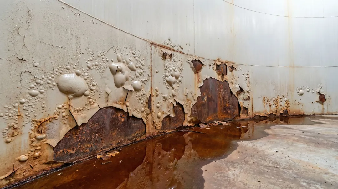 Cold water storage tank interior showing coating failure and active corrosion damage