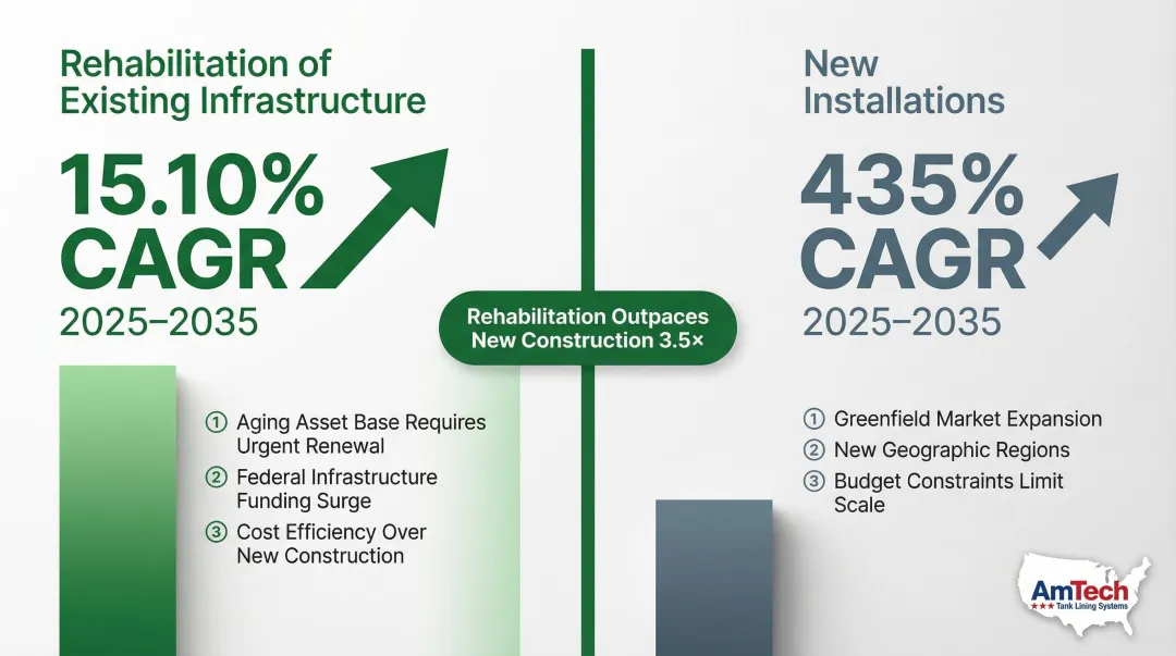 Tank rehabilitation versus new construction CAGR growth rate comparison infographic 2025 to 2035