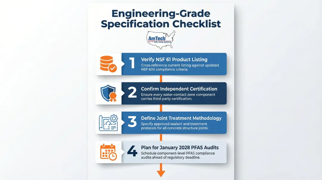 Four-step NSF 61 coating specification compliance checklist for potable water tanks