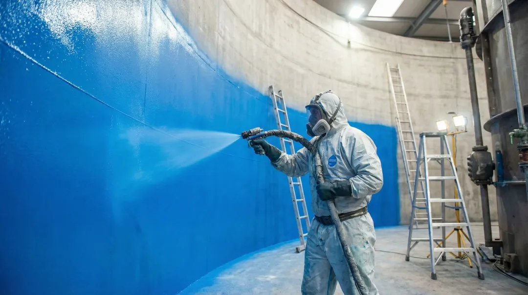 Polyurea spray coating application inside large industrial water storage tank