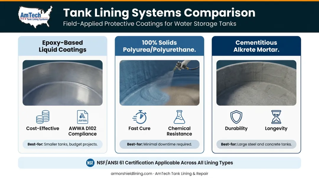 Three fire suppression tank lining system types comparison chart with use cases