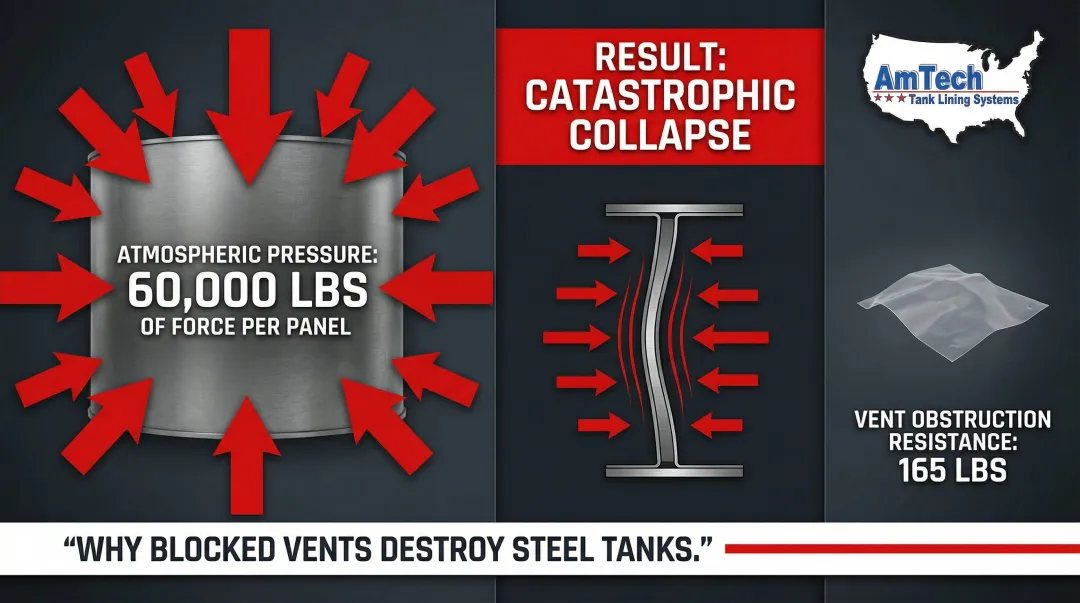 Tank vacuum collapse forces showing 60000 pounds atmospheric pressure versus 165 pound vent blockage
