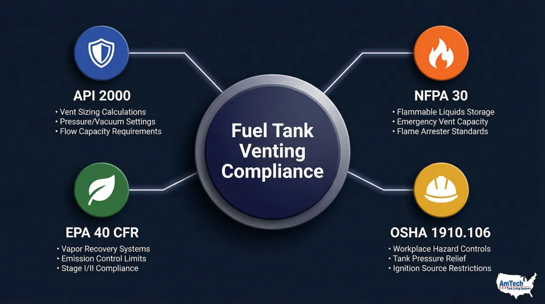 Regulatory standards governing fuel tank venting API 2000 NFPA 30 EPA OSHA framework overview