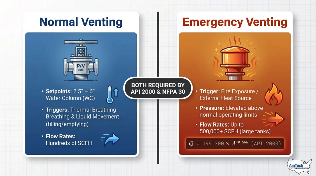 Normal venting versus emergency fire venting capacity requirements comparison infographic