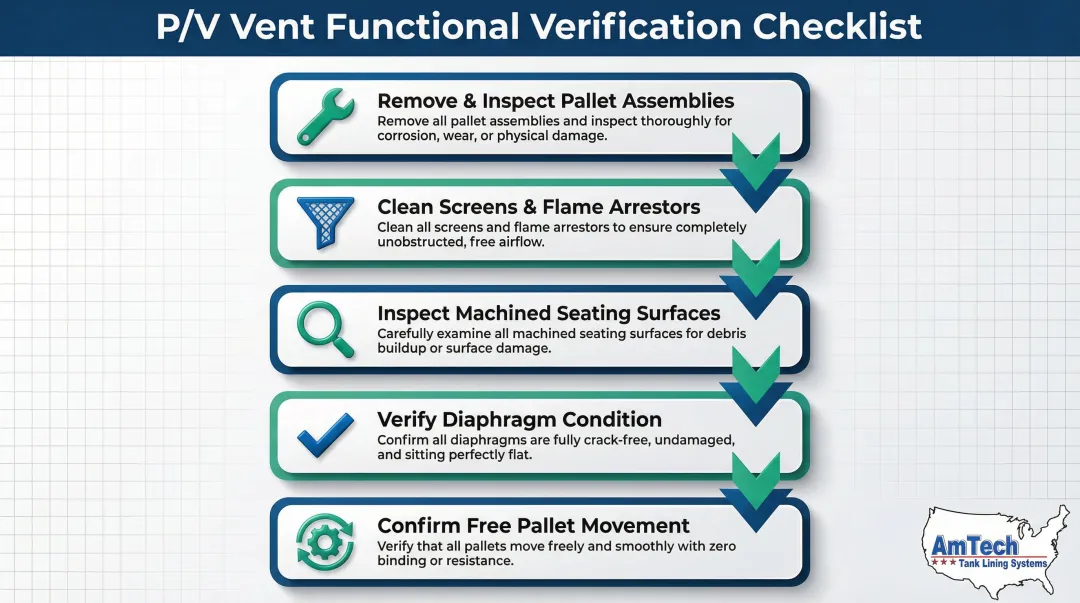 5-step P/V vent maintenance inspection procedure for fuel storage tanks