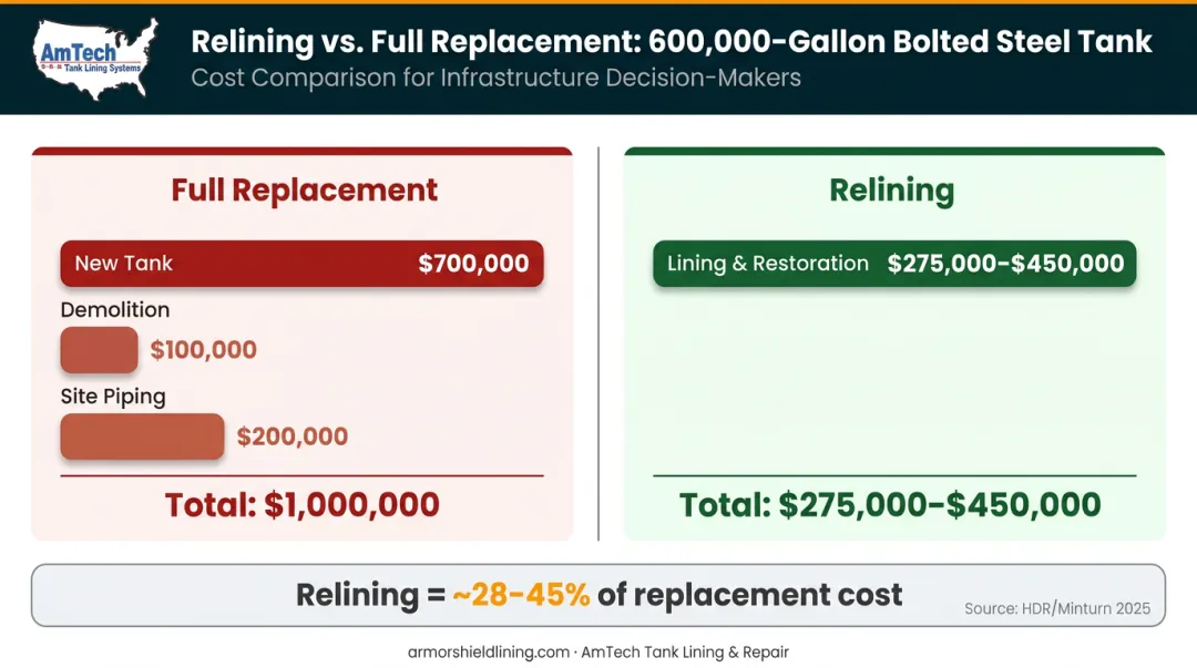 Bolted tank relining versus full replacement cost comparison using 2025 HDR Minturn data