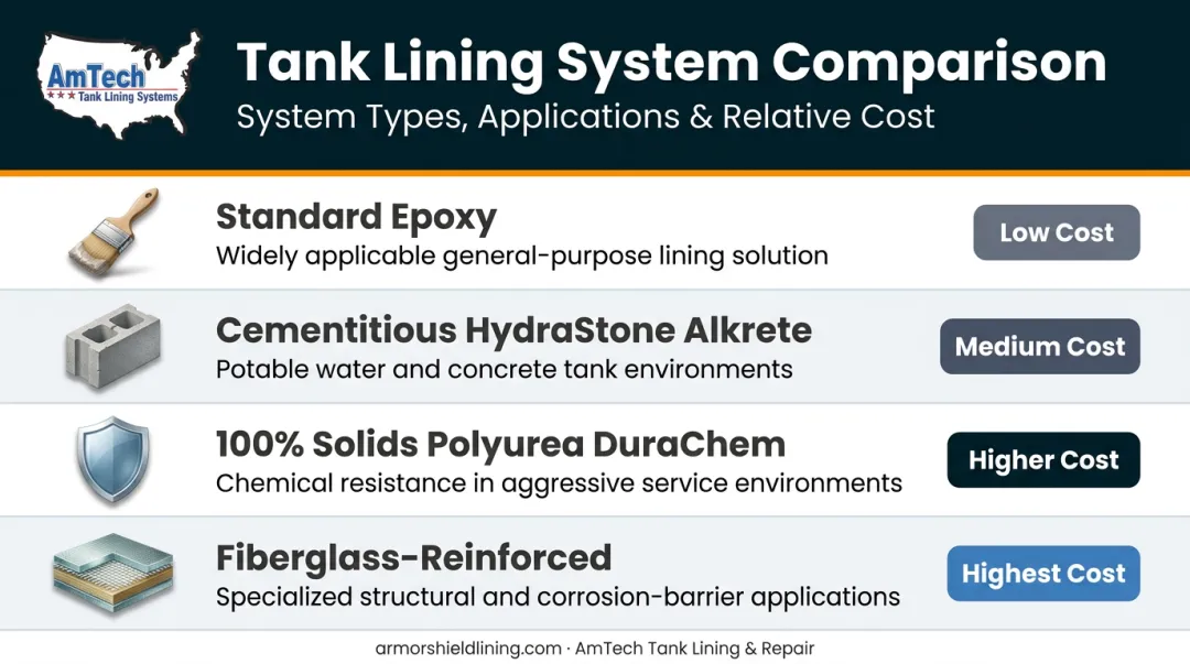 Four bolted tank lining system types comparison with applications and cost levels