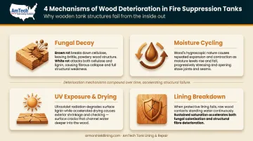 Four wood degradation mechanisms in fire suppression tanks visual breakdown