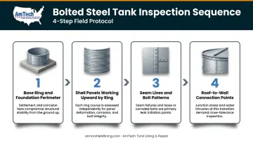 4-step bolted steel tank inspection sequence from base ring to roof connection