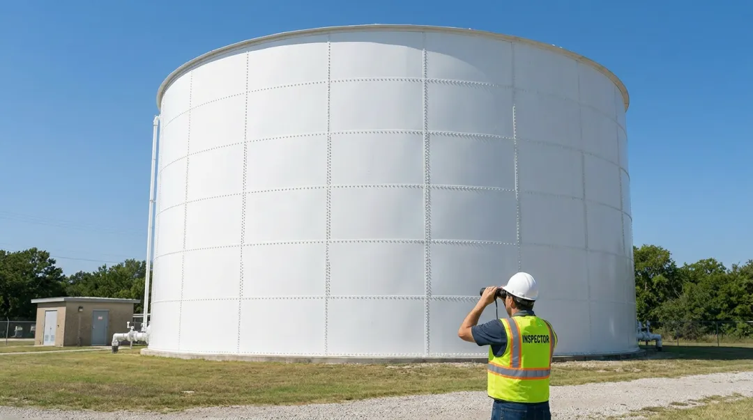 Inspector performing ground-level visual walk-around of bolted steel water storage tank