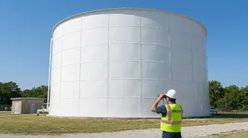 Inspector performing ground-level visual walk-around of bolted steel water storage tank