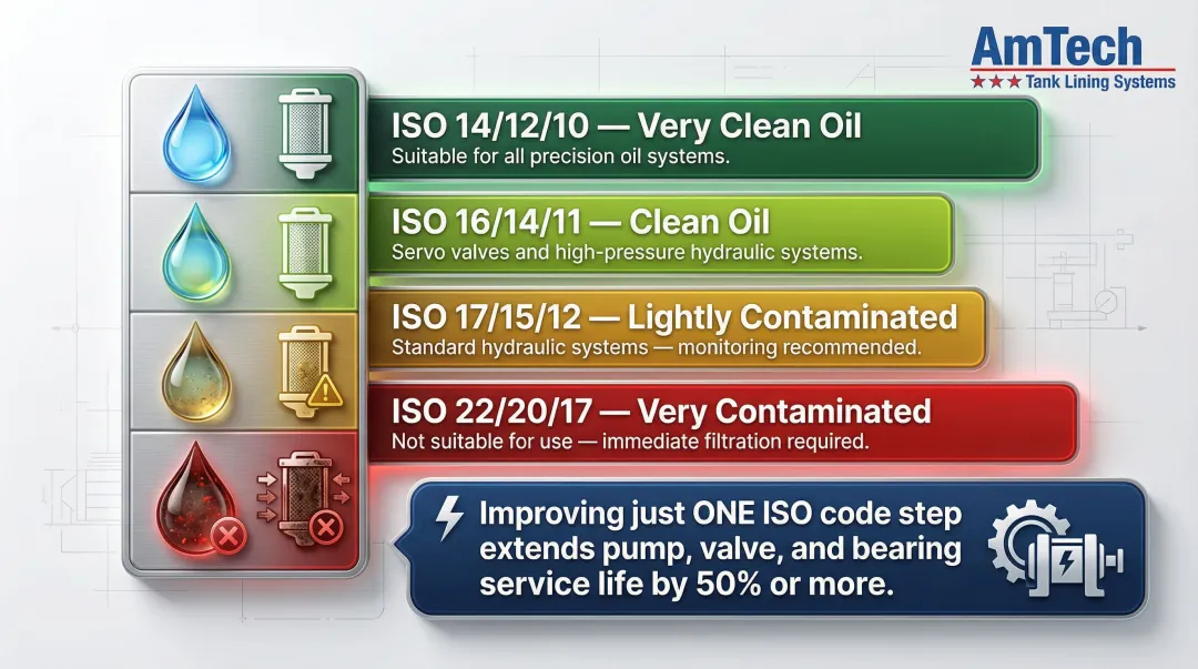 ISO 4406 hydraulic fluid cleanliness codes chart with application suitability levels