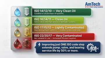 ISO 4406 hydraulic fluid cleanliness codes chart with application suitability levels