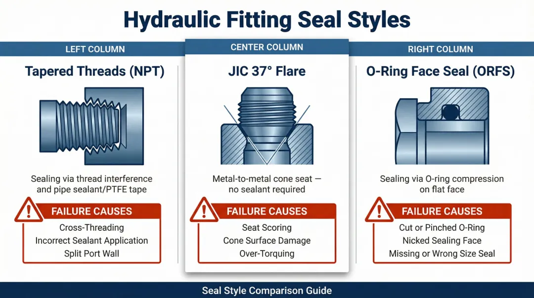 hydraulic fitting seal styles leak causes comparison chart three types