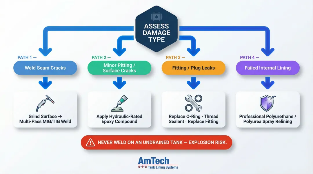 four-method hydraulic tank repair process by damage type flow chart