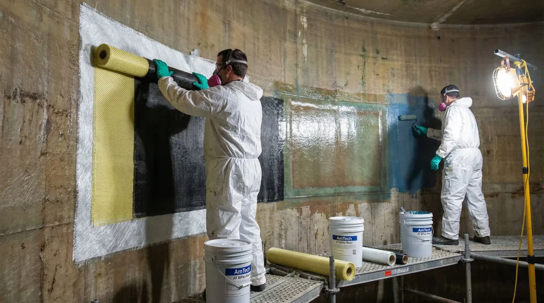 AmTech AT BiFlex fiberglass lining system applied inside industrial FRP storage tank