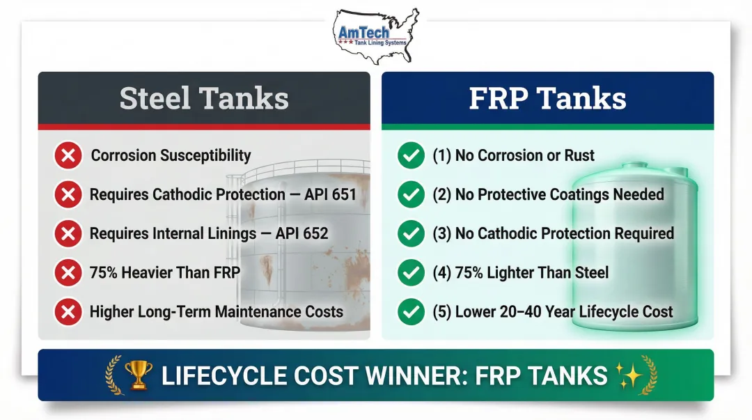 FRP tanks versus steel tanks side-by-side corrosion resistance lifecycle cost comparison