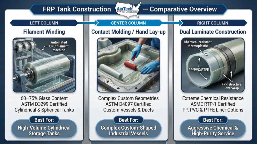 Three FRP tank fabrication methods comparison filament winding hand lay-up dual laminate