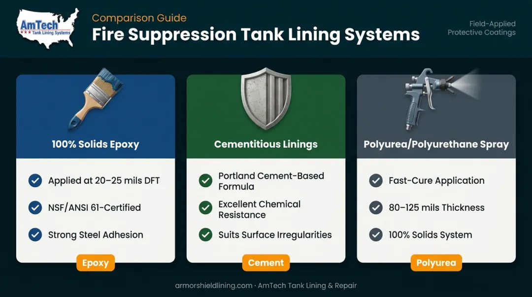 Three fire suppression tank lining system types comparison infographic with specs