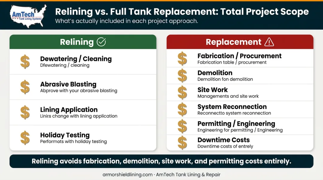 Fire suppression tank relining versus full replacement total cost comparison infographic