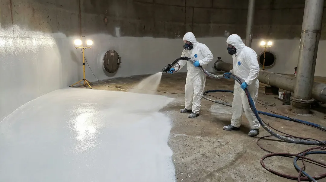 AmTech DuraChem polyurea lining application on storage tank floor interior