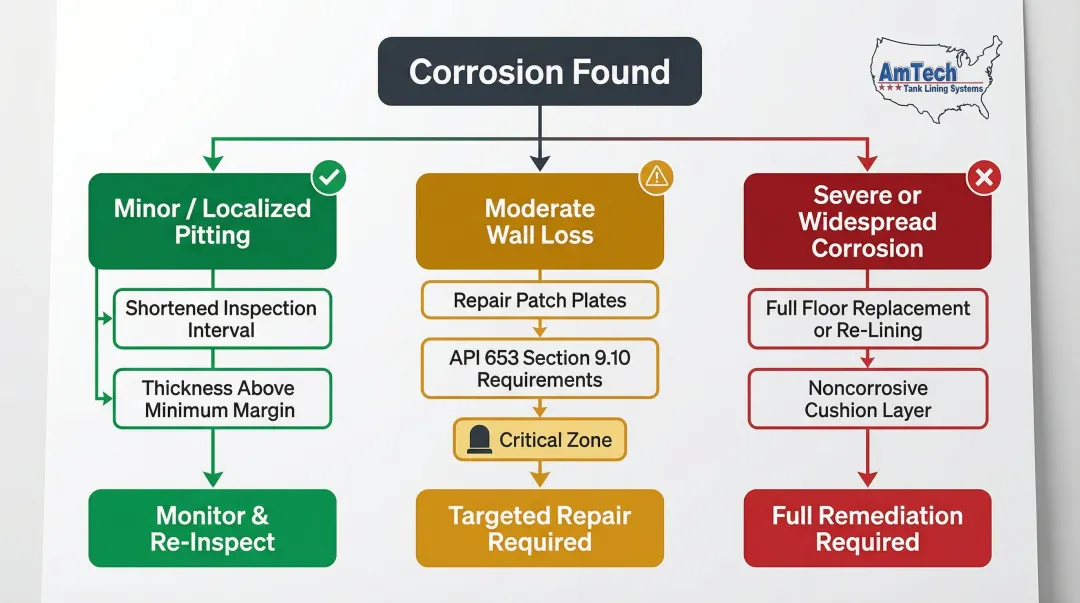 Three tank bottom repair paths decision tree from minor pitting to full replacement