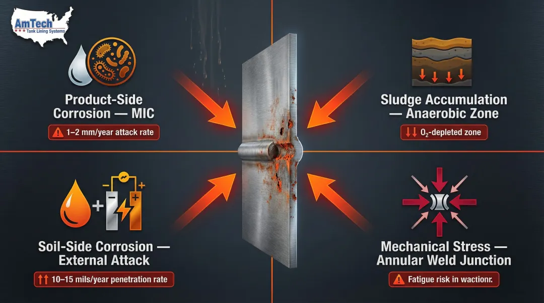 Four tank bottom corrosion threat types with attack directions diagram
