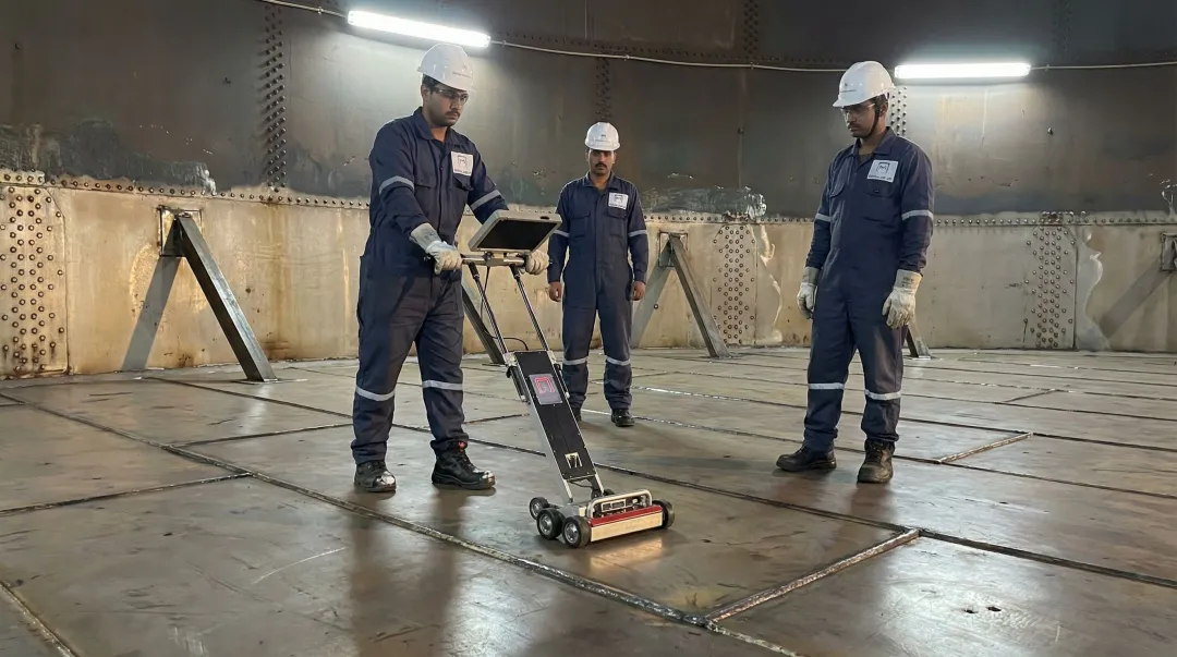 Modern MFL tank floor scanner traversing storage tank bottom during inspection