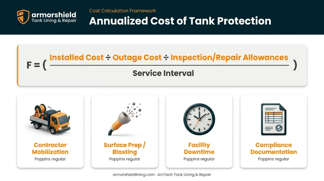 Annualized lifecycle cost formula components for bolted tank coating versus relining
