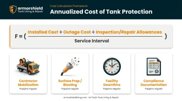 Annualized lifecycle cost formula components for bolted tank coating versus relining