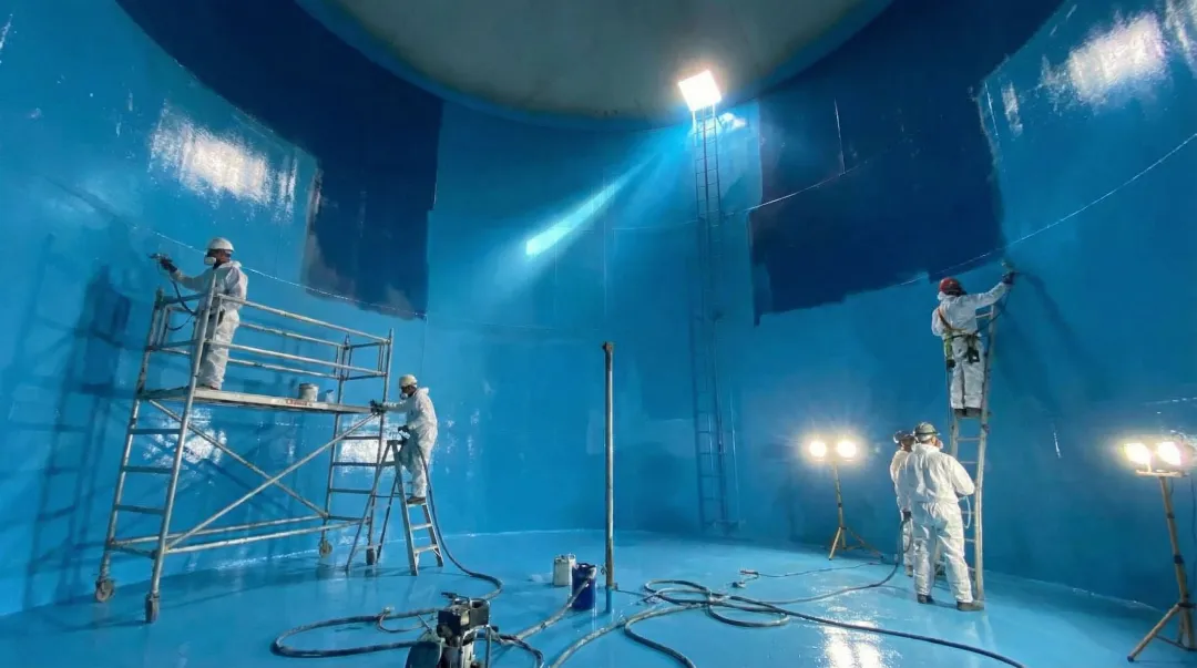 Professional internal tank relining application creating continuous monolithic protective coating barrier