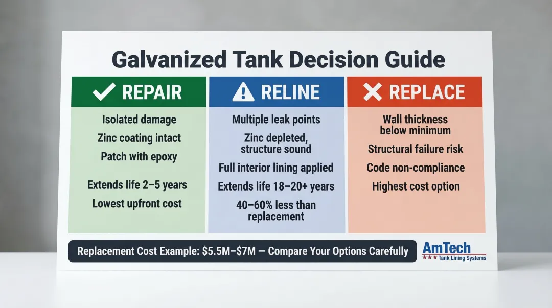 Repair versus reline versus replace galvanized water tank cost and condition comparison chart