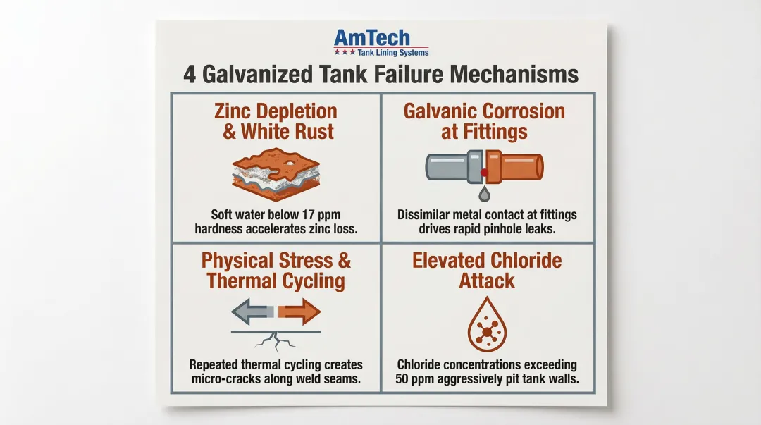 Four galvanized tank failure mechanisms zinc depletion galvanic corrosion thermal stress chlorides