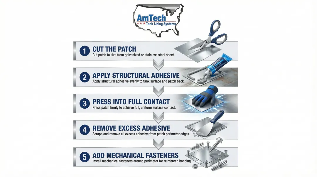 5-step cold-bonded metal patch repair process for galvanized water tank cracks