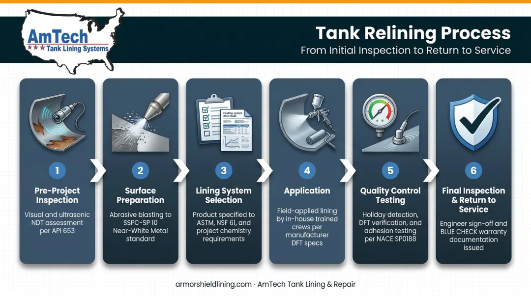 6-step bolted steel tank internal relining process flow diagram