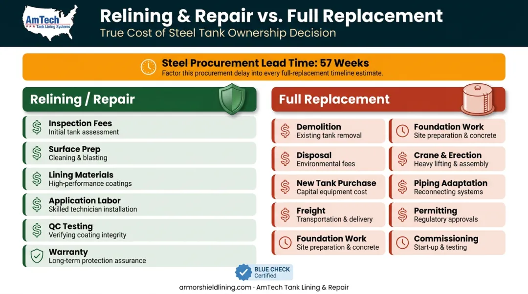 Bolted steel tank repair versus full replacement cost components side-by-side comparison