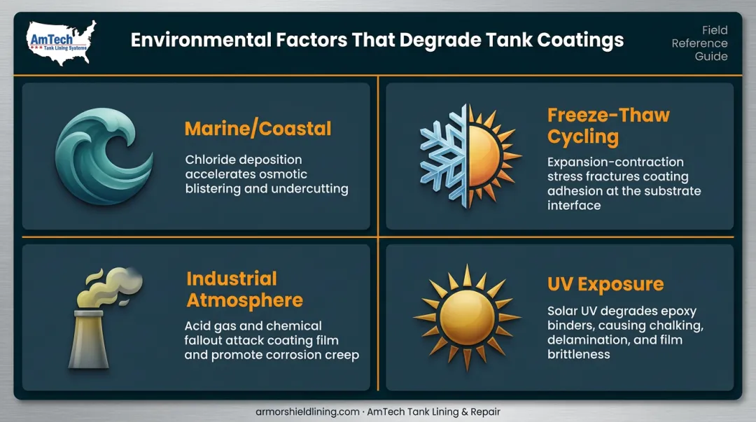 Four environmental factors accelerating bolted steel tank coating degradation infographic