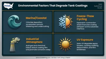 Four environmental factors accelerating bolted steel tank coating degradation infographic