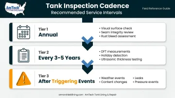 Three-tier bolted tank inspection schedule annual to professional cadence timeline