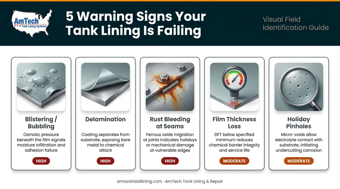Bolted tank coating failure warning signs visual identification guide infographic