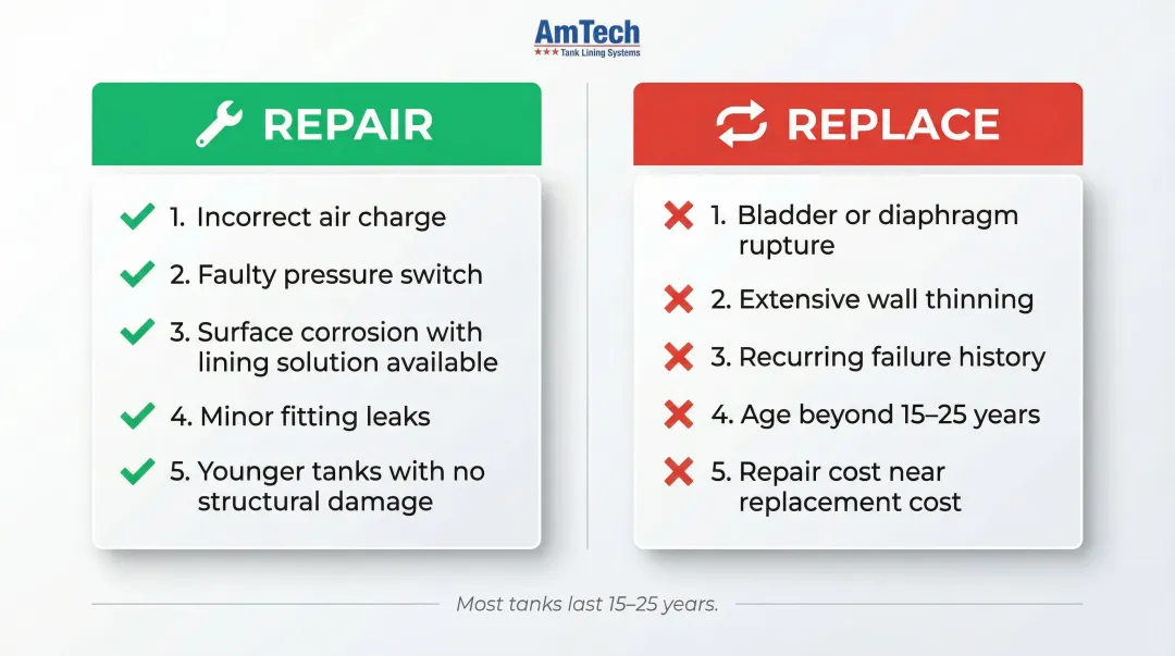 Repair versus replace industrial pressure tank decision comparison side-by-side chart