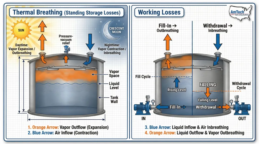 Atmospheric tank thermal breathing versus working loss venting mechanisms comparison infographic