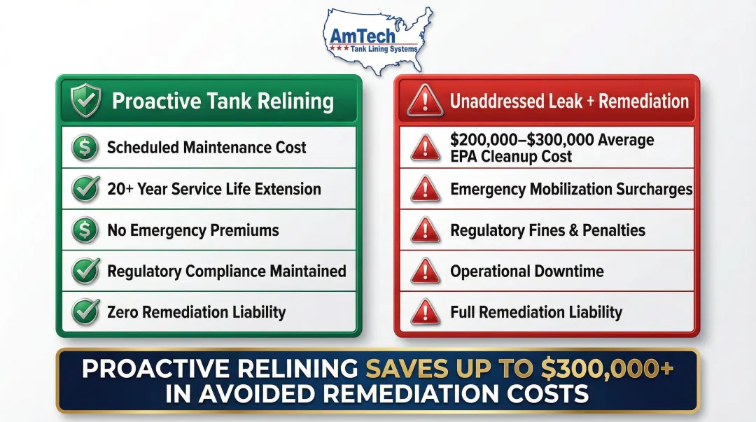 Proactive tank relining cost versus emergency remediation cost comparison chart