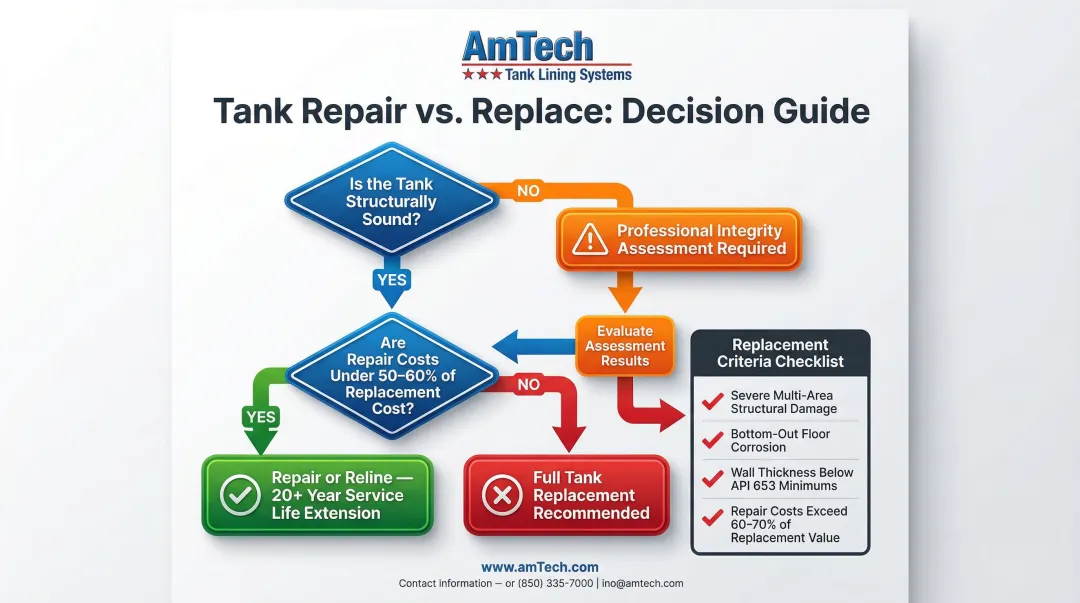 Repair versus replace fuel tank decision framework flowchart with cost thresholds
