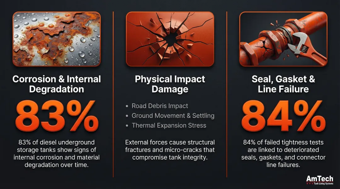 Three root causes of fuel tank leaks with percentage breakdown infographic