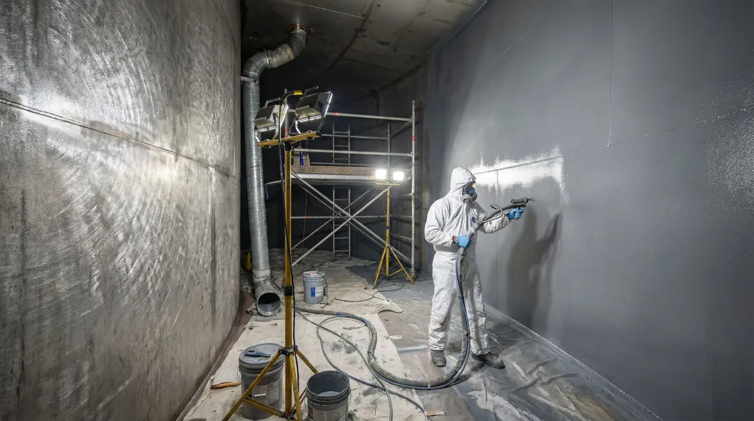 Interior tank lining application showing DuraChem coating bonded to prepared steel surface