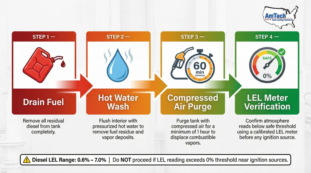 4-step diesel fuel tank degassing and vapor testing process flow infographic