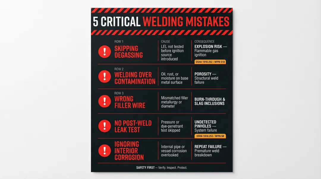 Five common diesel tank welding mistakes with causes and failure consequences infographic